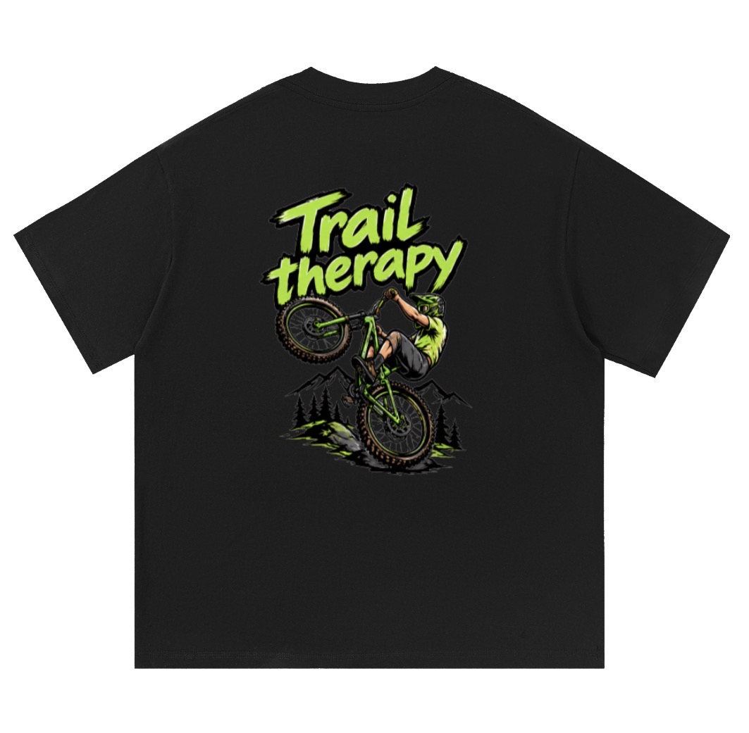 RIPT Essentials Cotton T-Shirt in black with lime RIPT chest print and Trail Therapy mountain bike back print (front)