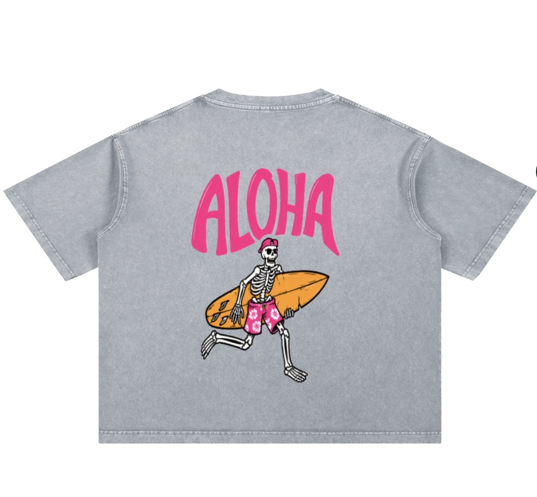 RIPT Grey Oversized T with pink RIPT chest print and ALOHA skeleton surfer back print (front)