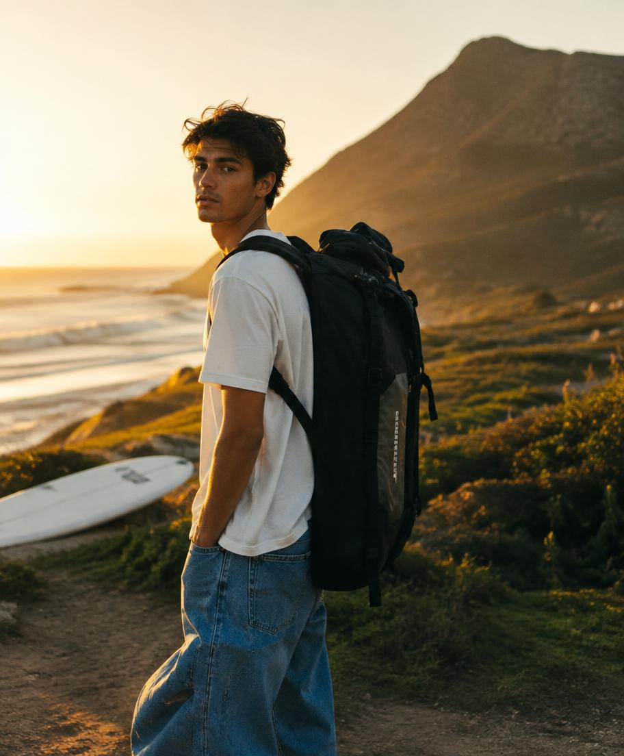 Founder with a gear bag on a coastal trail